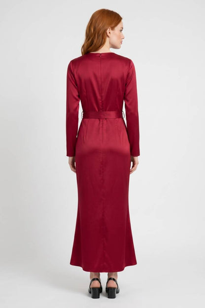 Midi Jurk Dames - Wikkel Model Lange Mouwen | Strikceintuur — Bordeaux