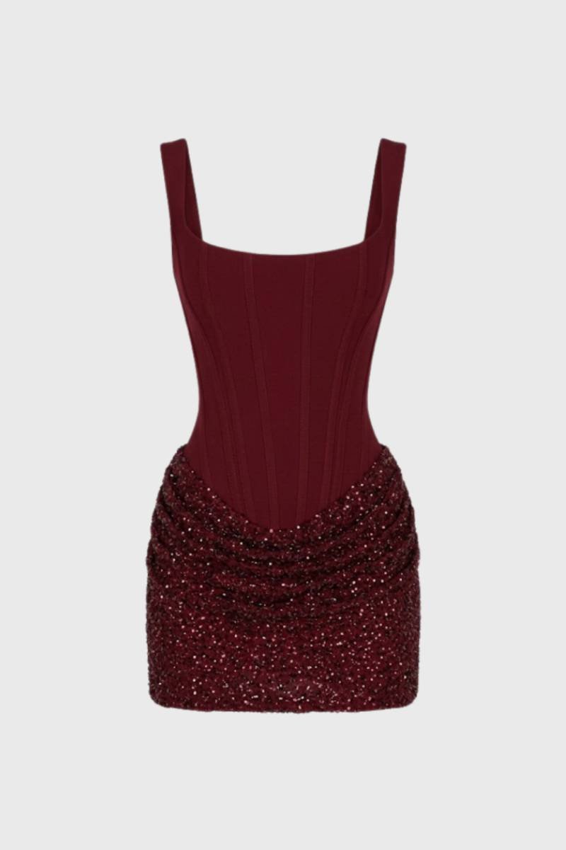 Mini Jurk Dames - Bodycon Bandeau met Pailletten | Glitter - Bordeaux