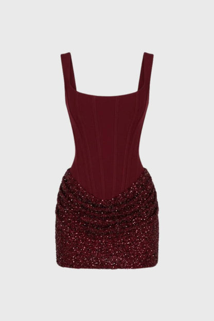 Mini Jurk Dames - Bodycon Bandeau met Pailletten | Glitter - Bordeaux