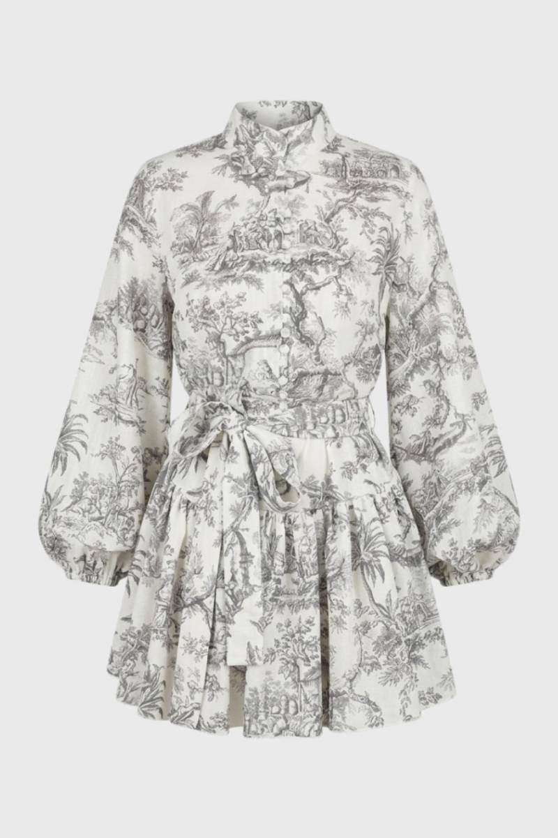 Mini Jurk Dames - Elegant met Ballonmouwen | Ceintuur — Toile Grijs
