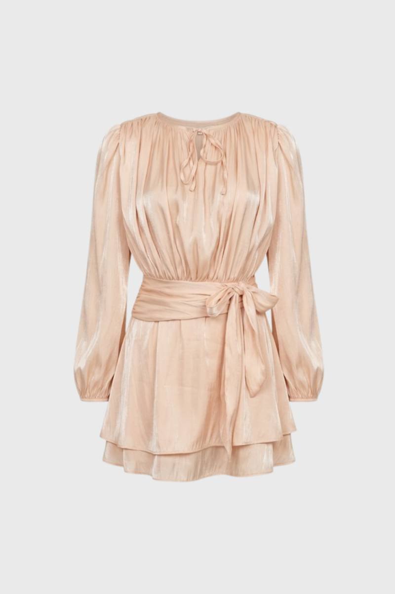 Mini Jurk Dames - Elegant met Strikceintuur | Geplooide Mouwen — Champagne