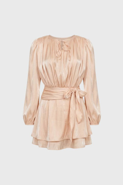 Mini Jurk Dames - Elegant met Strikceintuur | Geplooide Mouwen — Champagne