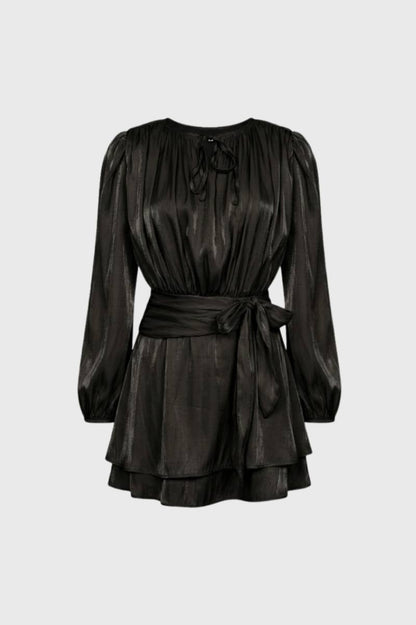 Mini Jurk Dames - Elegant met Strikceintuur | Geplooide Mouwen — Zwart
