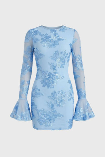Mini Jurk Dames - Elegante Bloemenprint met Transparante Mouwen - Bloemen Lichtblauw