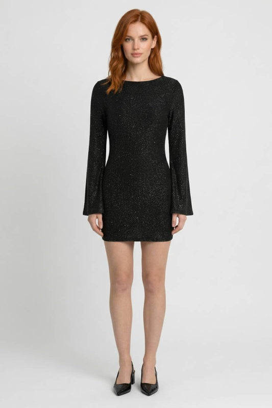 Mini Jurk Dames - Glitter met Wijde Mouwen | Feestelijk - Zwart