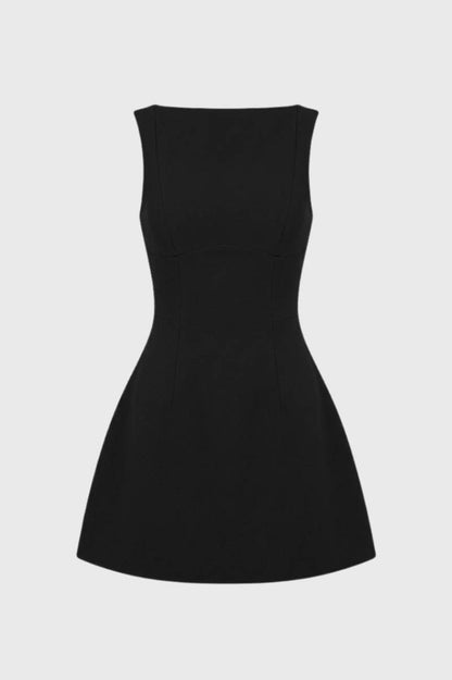 Mini Jurk Dames - Mouwloos A-Lijn met Boothals | Getailleerd - Zwart