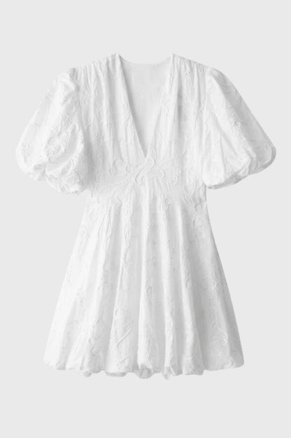 Mini Jurk Dames - Pofmouwen Diep V-hals | Witte Broderie - Wit