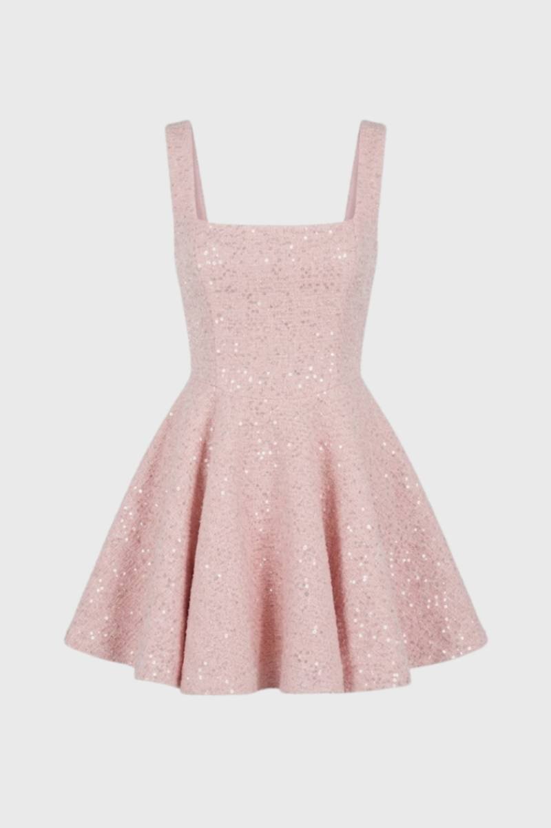 Mini Jurk Dames - Sparkle met Vierkante Hals | A-Lijn - Lichtroze