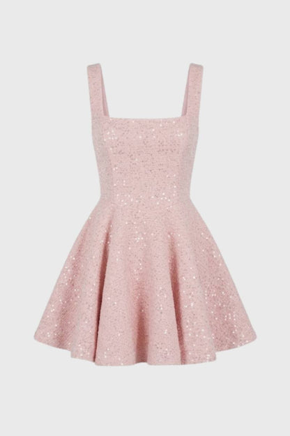 Mini Jurk Dames - Sparkle met Vierkante Hals | A-Lijn - Lichtroze