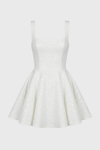 Mini Jurk Dames - Sparkle met Vierkante Hals | A-Lijn - Wit
