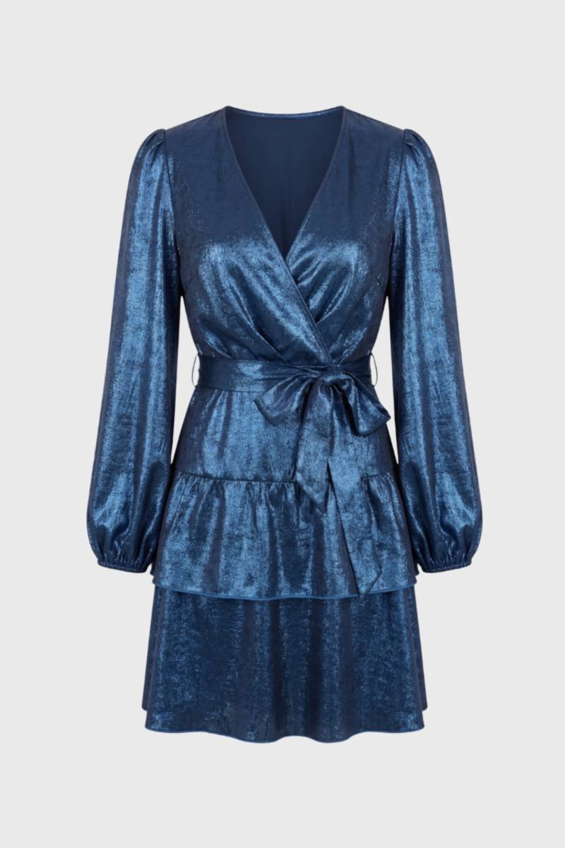 Mini Jurk Dames - Wikkel Model met Pofmouwen | Glanzend — Blauw