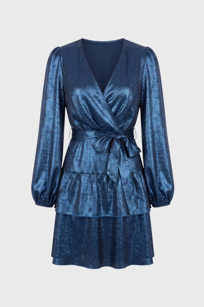 Mini Jurk Dames - Wikkel Model met Pofmouwen | Glanzend — Blauw