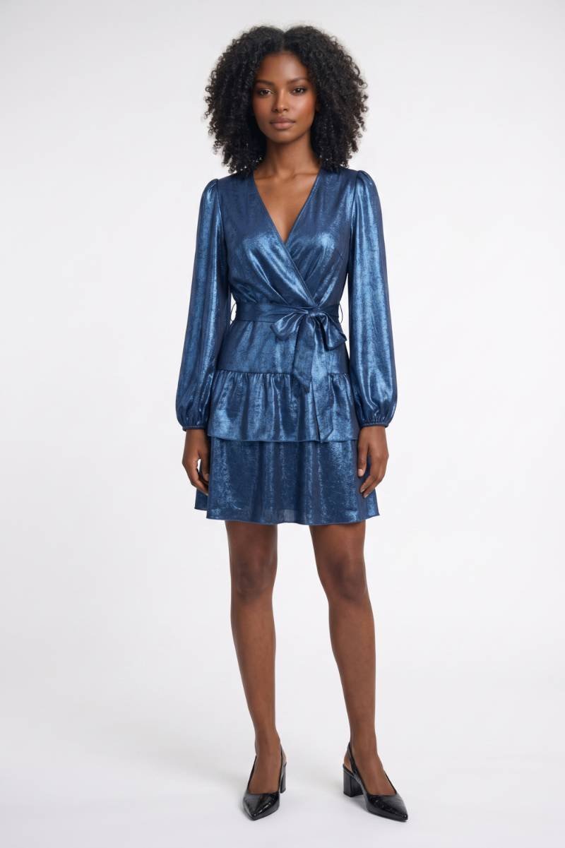 Mini Jurk Dames - Wikkel Model met Pofmouwen | Glanzend — Blauw