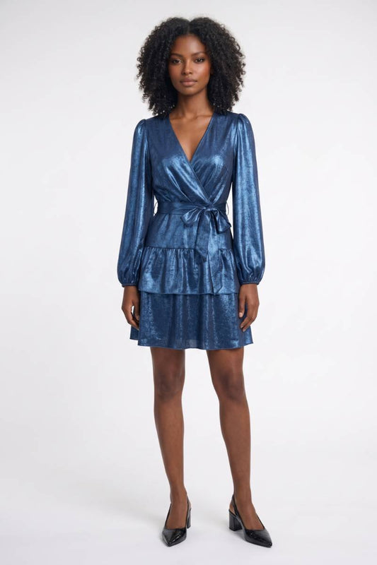 Mini Jurk Dames - Wikkel Model met Pofmouwen | Glanzend — Blauw