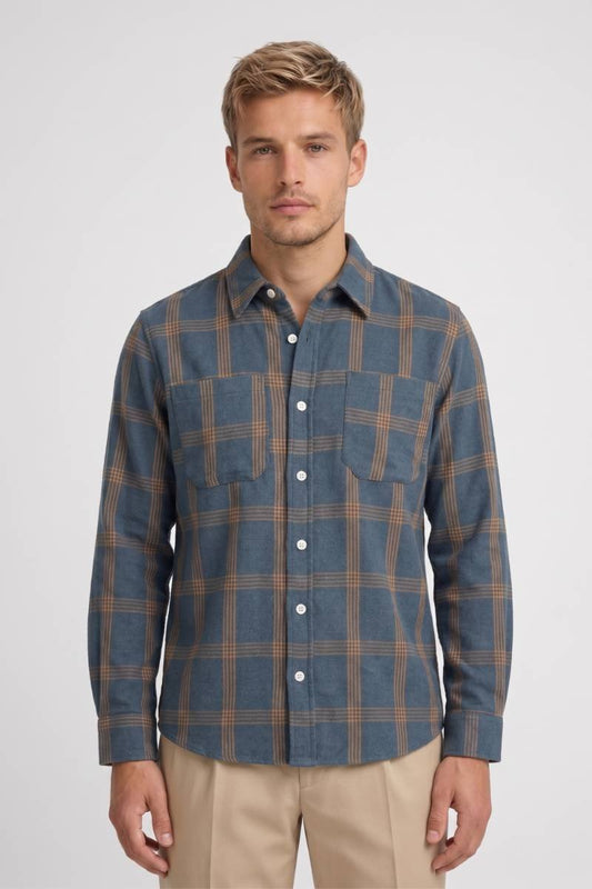 Overhemd Heren - Geruit Blauw Bruin | Lange Mouwen — Geruit Blauw