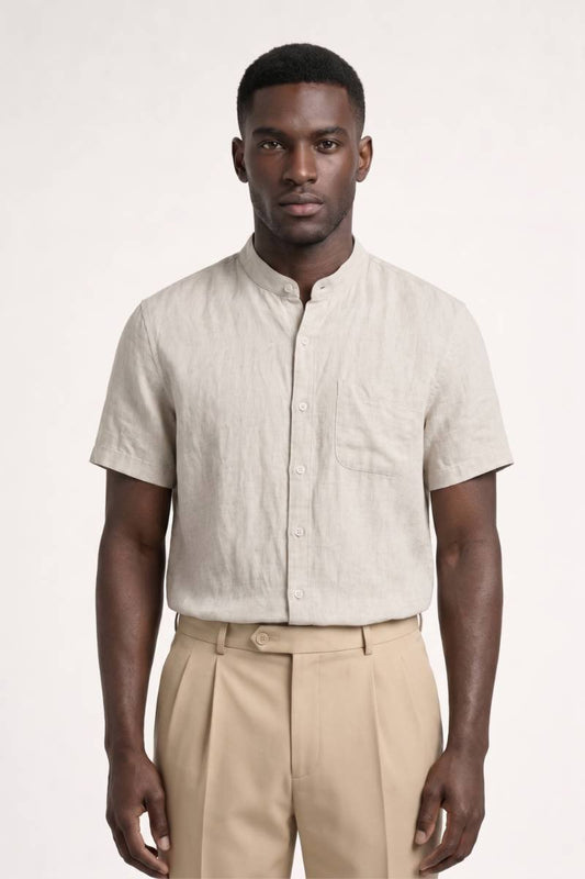 Overhemd Heren - Korte Mouwen met Staande Kraag | Luchtig — Beige