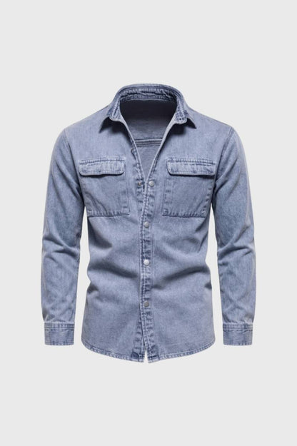 Overhemd Heren - Vintage Stonewash | Borstzakken — Lichtblauw