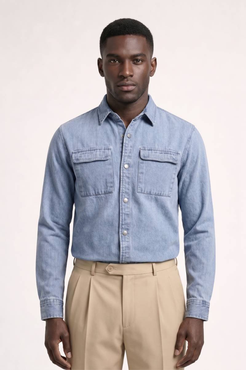 Overhemd Heren - Vintage Stonewash | Borstzakken — Lichtblauw