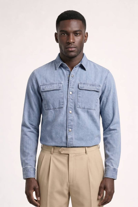 Overhemd Heren - Vintage Stonewash | Borstzakken — Lichtblauw