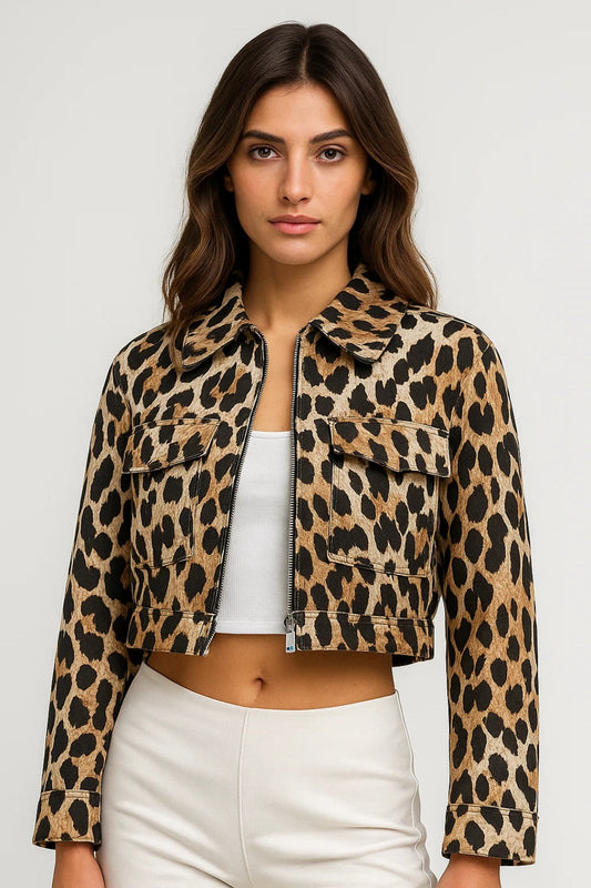 Korte Damesjas | Animalprint met Rits en Klepzakken | Statement en Stoer
