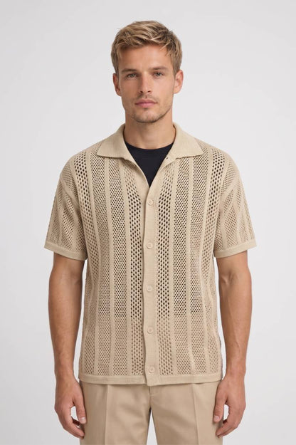 Polo Heren - Gebreide Korte Mouwen | Knoopsluiting — Beige
