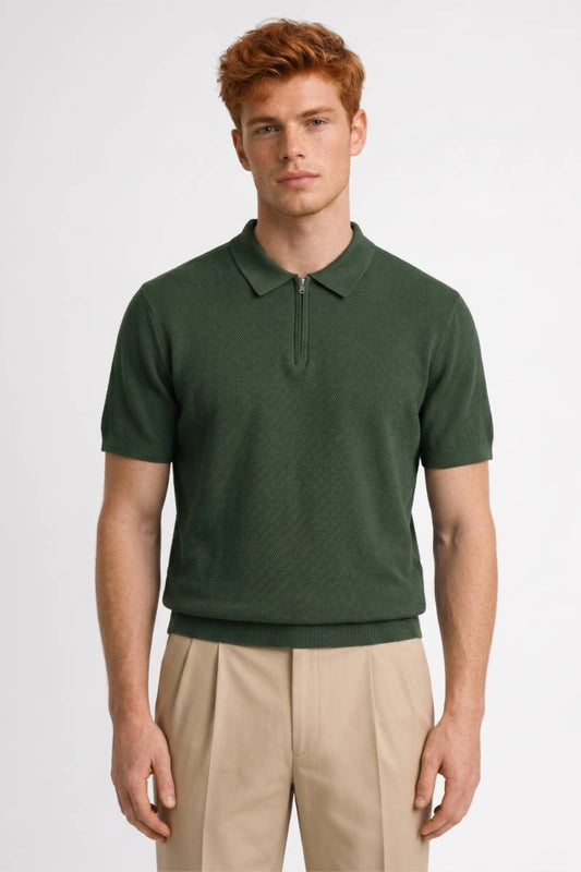 Polo Heren - Gebreide Stijl met Rits | Comfortabel — Olijfgroen
