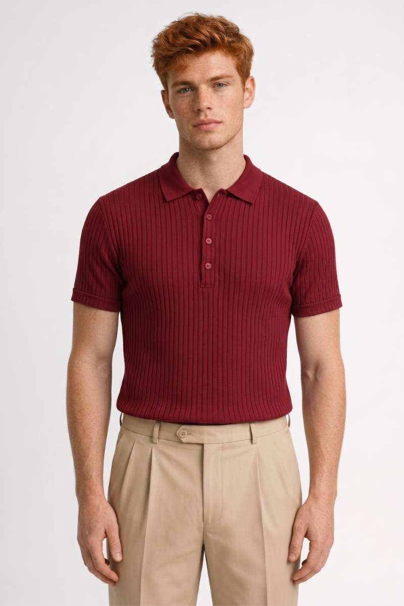 Polo Heren - Geribde Textuur | Knoopsluiting — Bordeaux