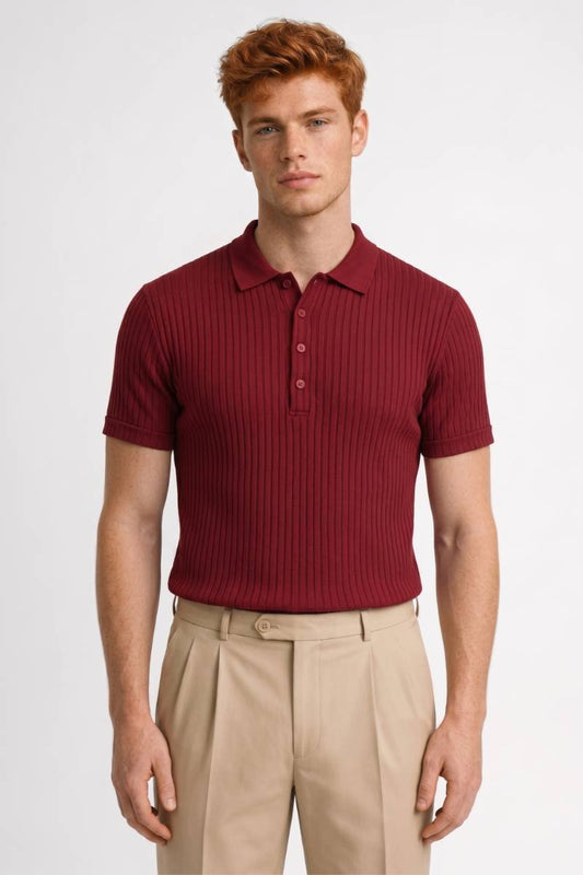 Polo Heren - Geribde Textuur | Knoopsluiting — Bordeaux