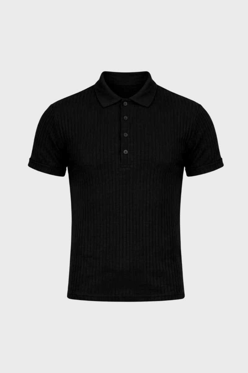 Polo Heren - Geribde Textuur | Knoopsluiting — Zwart