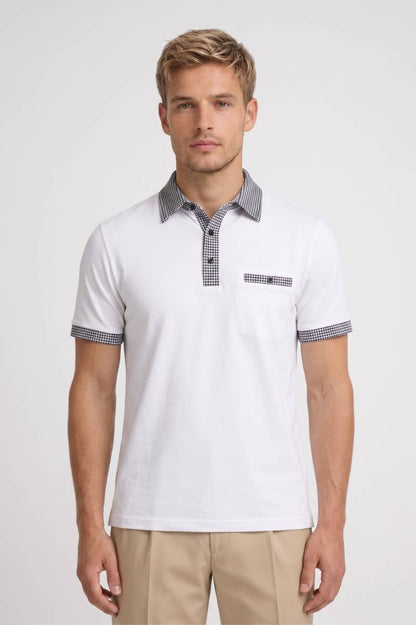 Polo Heren - Geruit Contrast | Korte Mouw — Wit