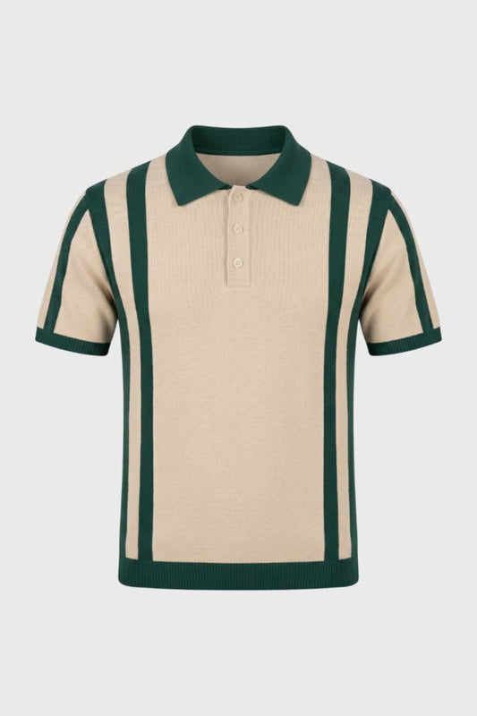 Polo Heren - Gestreept Design met Korte Mouwen | Retro — Gestreept Beige Groen