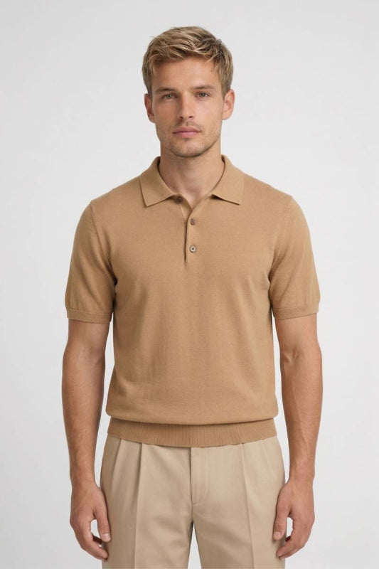 Polo Shirt Heren - Gebreid met Korte Mouwen | Klassiek - Camel