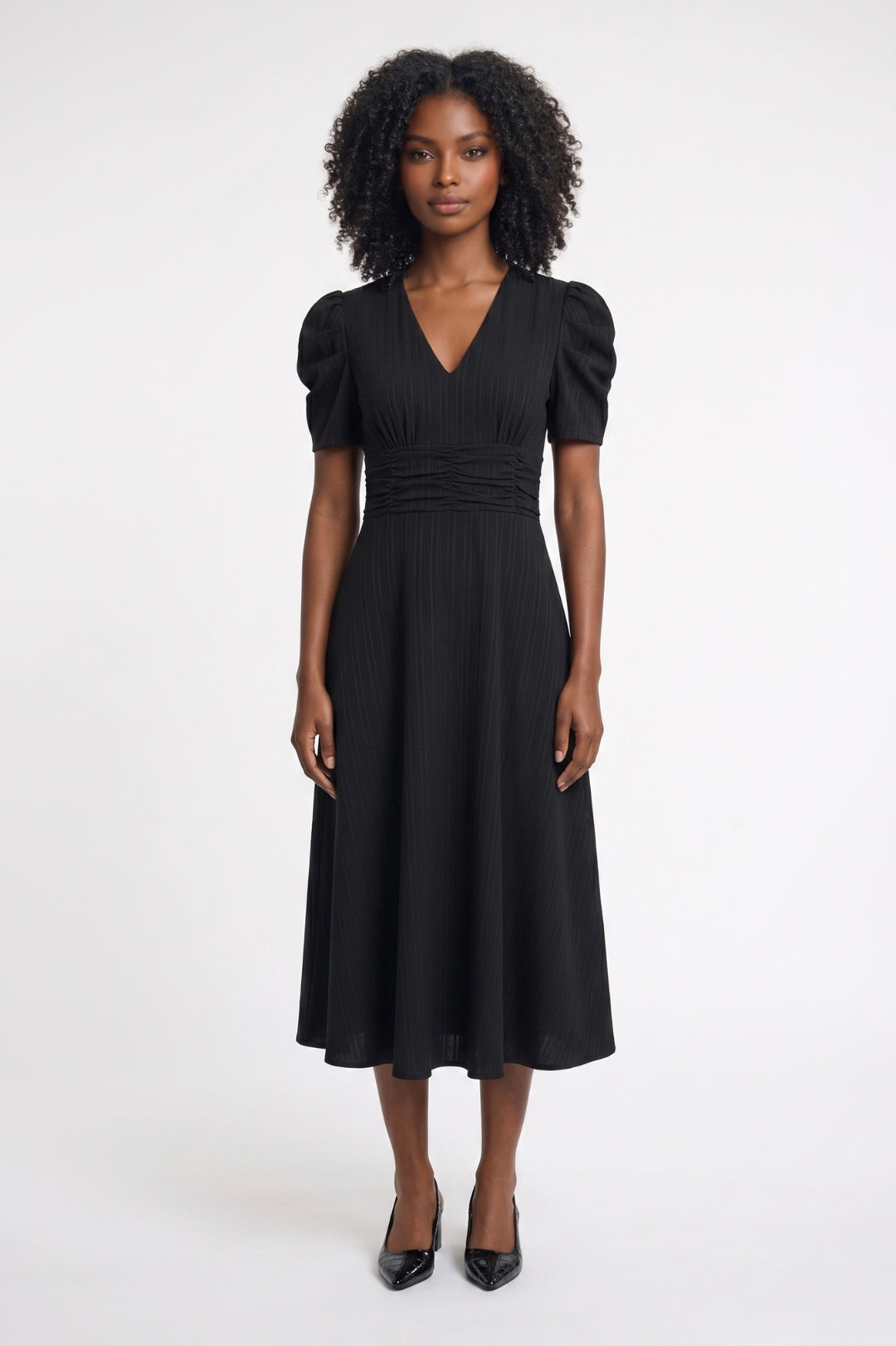 Midi Jurk Dames - Pofmouwen V-hals | Getailleerde Taille