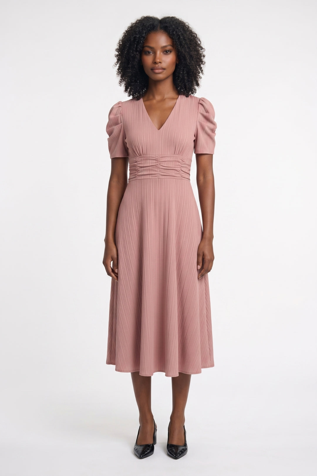 Midi Jurk Dames - Pofmouwen V-hals | Getailleerde Taille