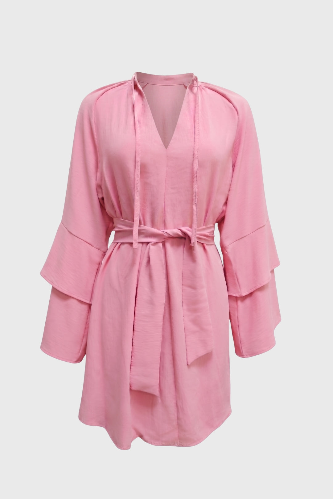 Mini Jurk Dames - Gelaagde Mouwen met Strikceintuur | V-hals