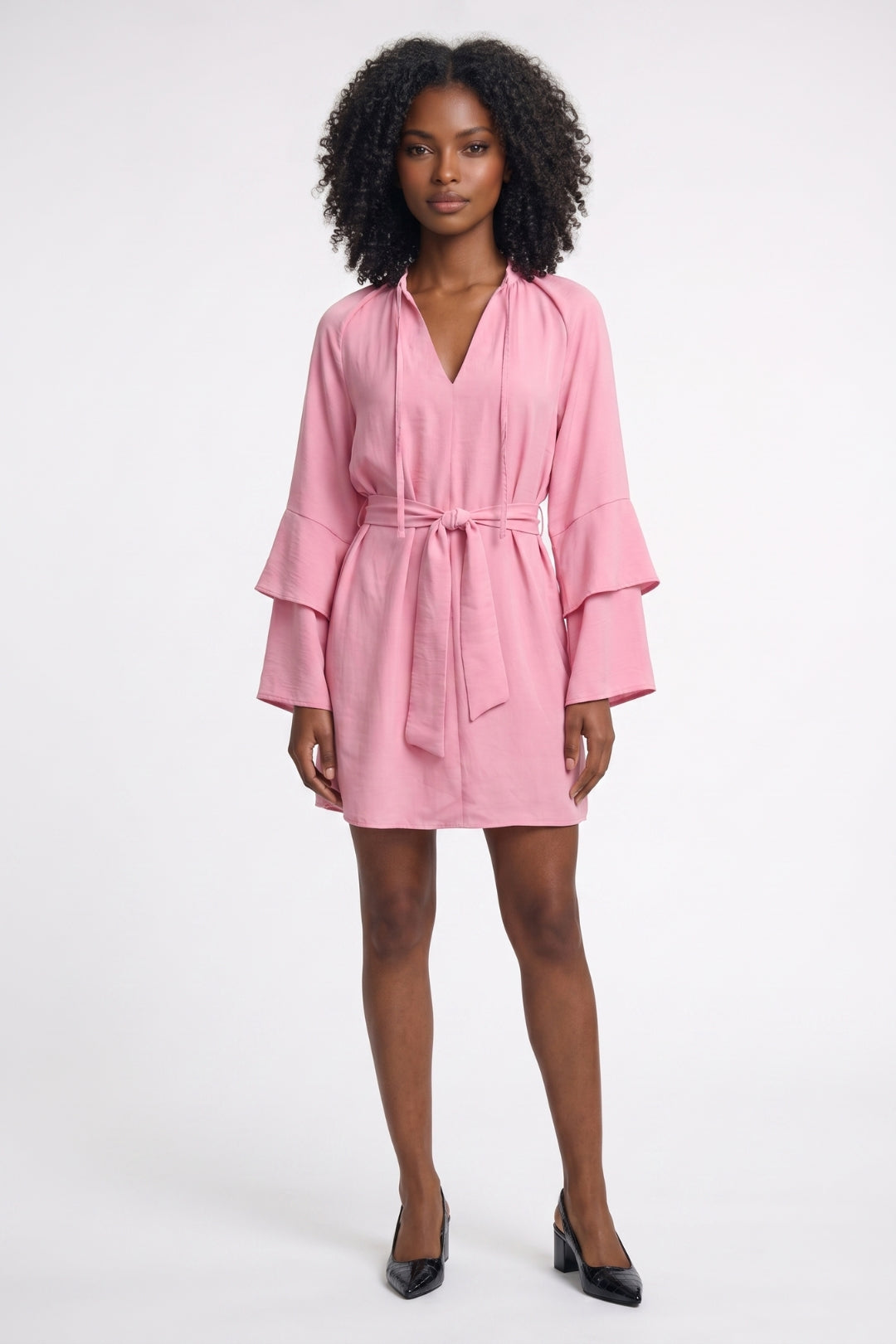 Mini Jurk Dames - Gelaagde Mouwen met Strikceintuur | V-hals