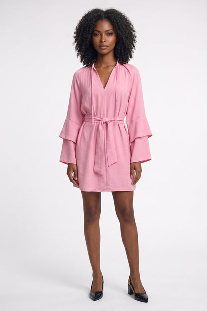 Mini Jurk Dames - Gelaagde Mouwen met Strikceintuur | V-hals