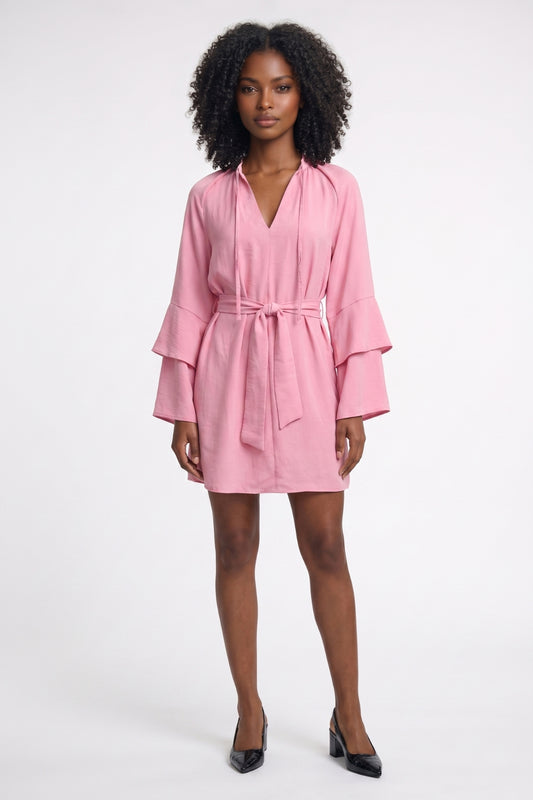 Mini Jurk Dames - Gelaagde Mouwen met Strikceintuur | V-hals