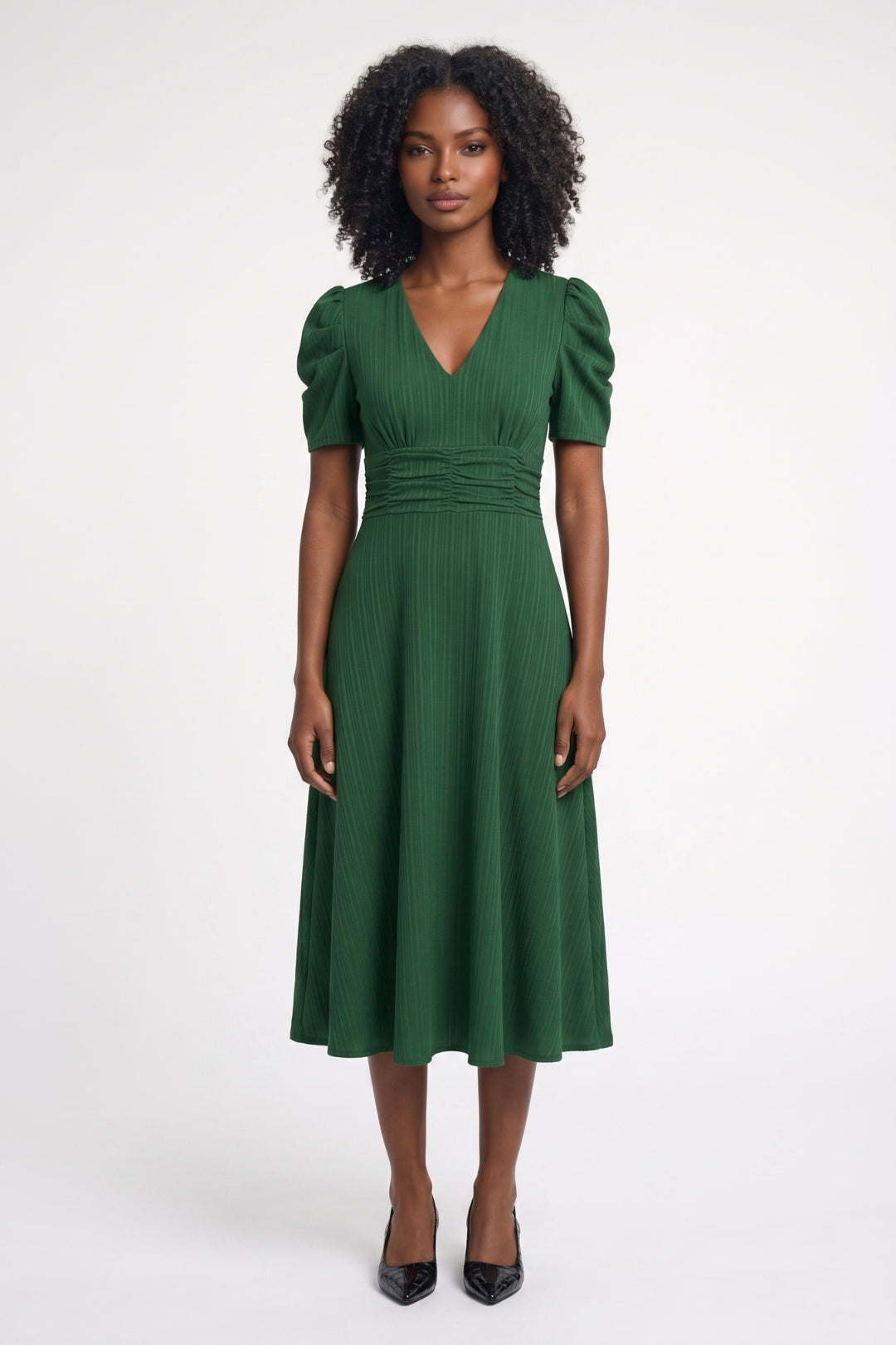 Midi Jurk Dames - Pofmouwen V-hals | Getailleerde Taille