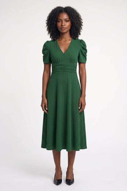 Midi Jurk Dames - Pofmouwen V-hals | Getailleerde Taille