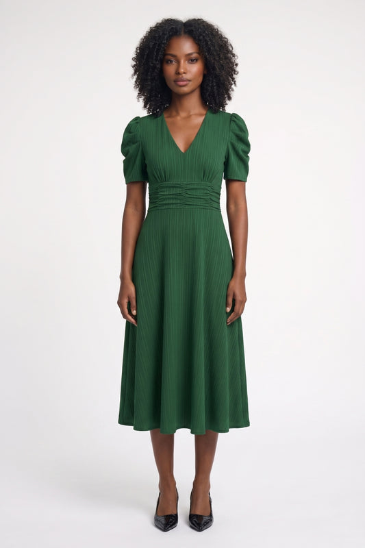 Midi Jurk Dames - Pofmouwen V-hals | Getailleerde Taille