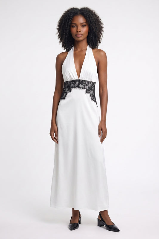 Midi Jurk Dames - Halter met Kant Detail | Elegante V-hals
