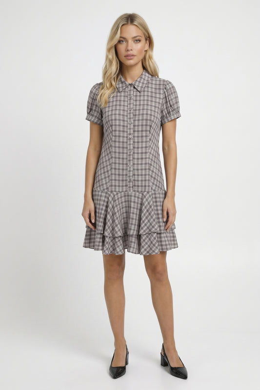 Mini Jurk Dames - Geruit Blousejurk | Korte Mouwen