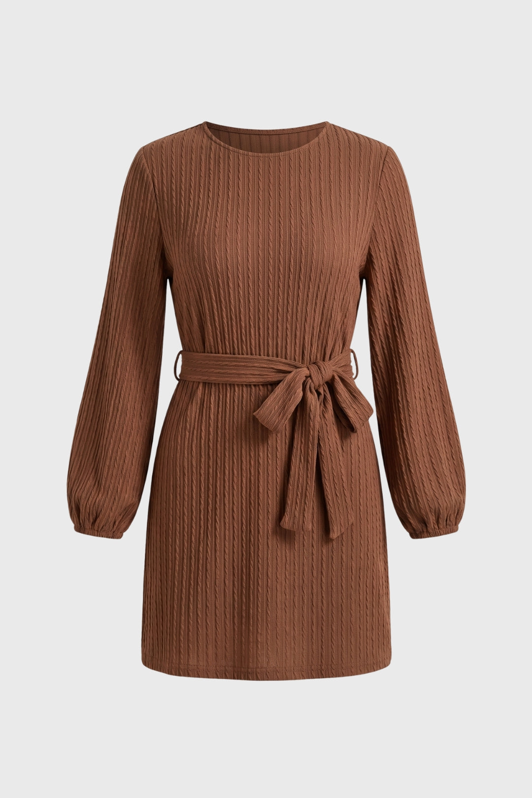 Mini Jurk Dames - Geribde Textuur met Strikceintuur | Ballon Mouw