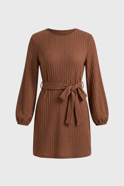 Mini Jurk Dames - Geribde Textuur met Strikceintuur | Ballon Mouw