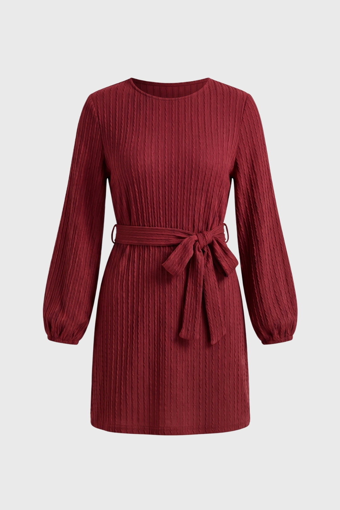 Mini Jurk Dames - Geribde Textuur met Strikceintuur | Ballon Mouw