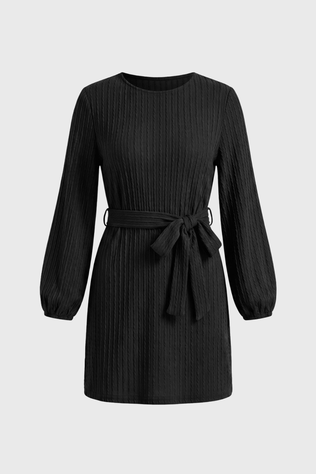 Mini Jurk Dames - Geribde Textuur met Strikceintuur | Ballon Mouw