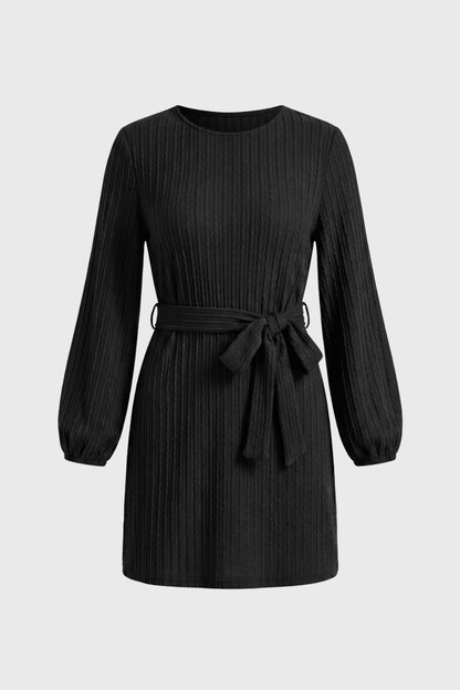 Mini Jurk Dames - Geribde Textuur met Strikceintuur | Ballon Mouw