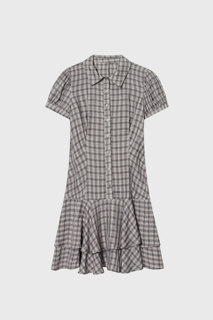 Mini Jurk Dames - Geruit Blousejurk | Korte Mouwen