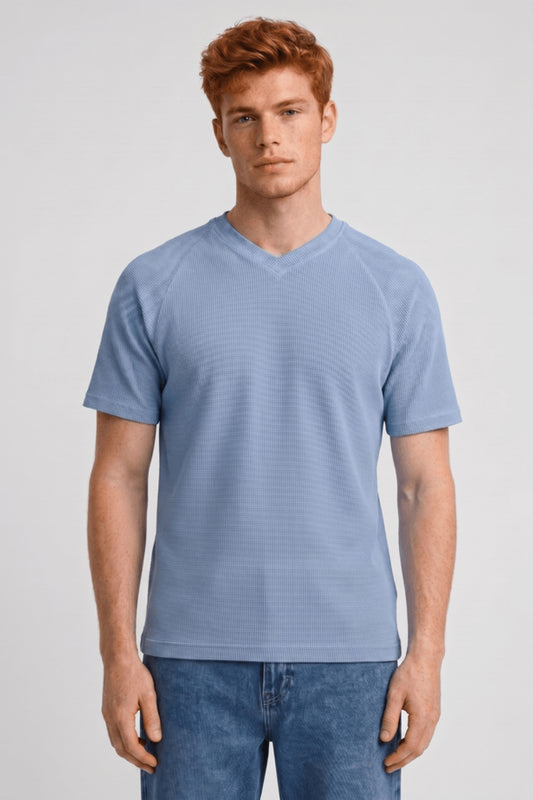 T-shirt Heren - V-hals Lichtblauw | Gestructureerd